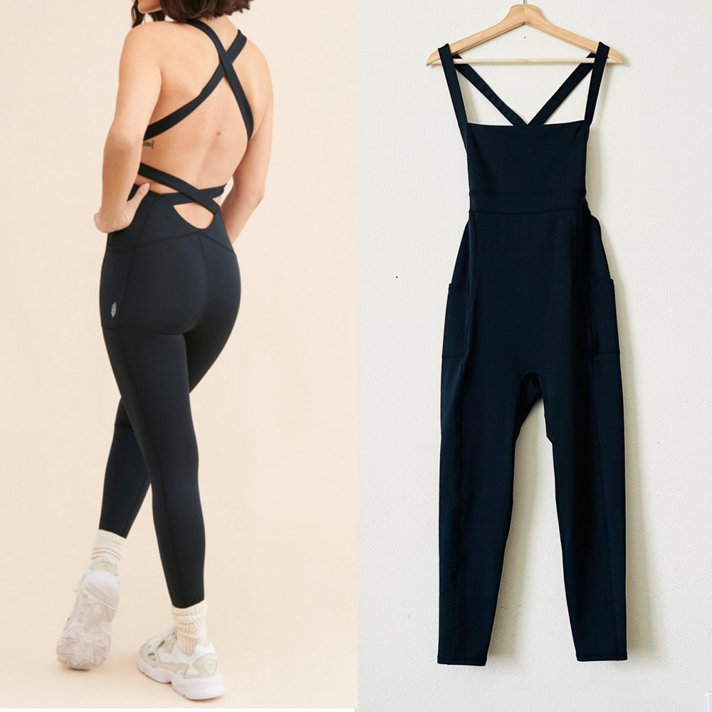 Free People Movement LARGE My High strappy back jumpsuit in black